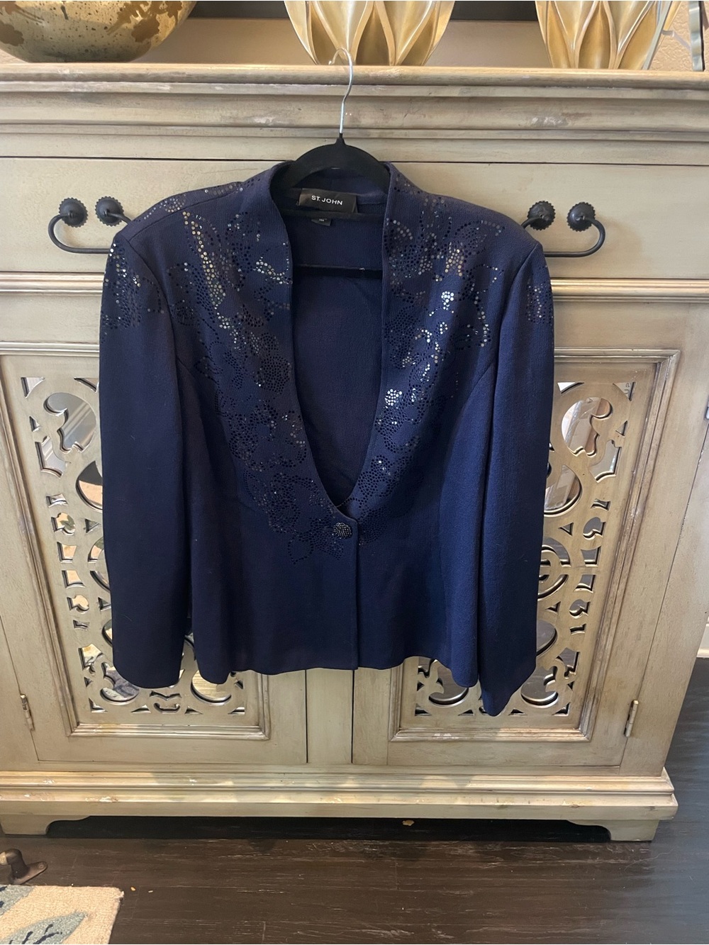 St. John Navy Sequin-Embellished Open-Front Knit Blazer